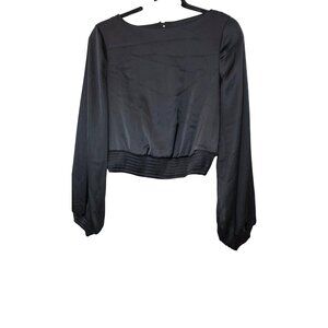 Rachel Zoe Women Black Grunge Goth Long Sleeve Satin Blouse XS Elastic Hem